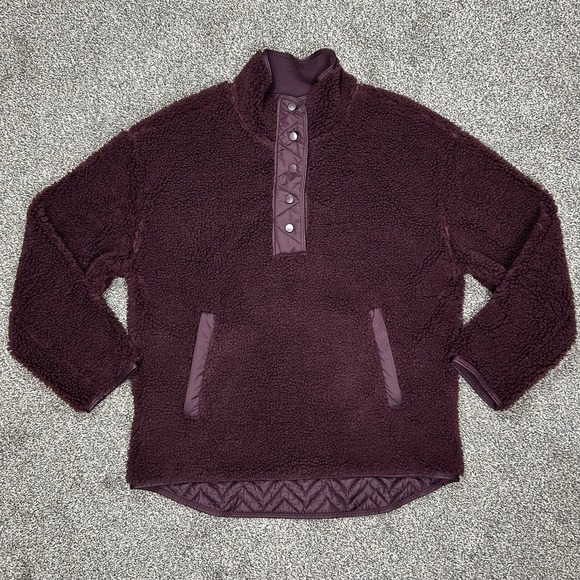 Athleta Cozy Sherpa Snap Button Pullover Sweatshirt‎ Women Large Spiced Cabernet - Picture 1 of 8